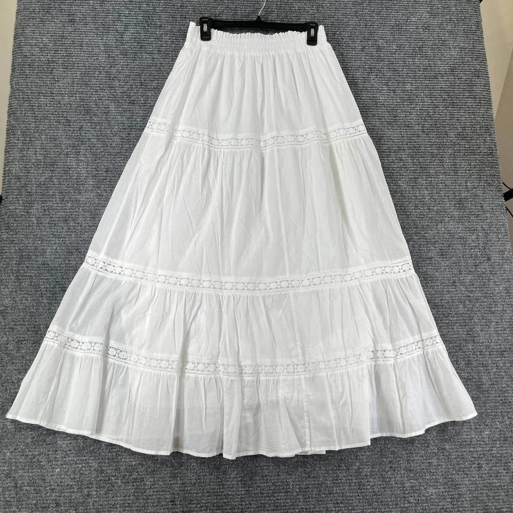 Altar'd State Tiered Maxi Skirt Women L Ivory Lace Trim Boho Summer Casual - Picture 6 of 11